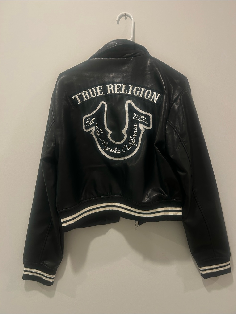 True Religion Women’s Large Black Leather Varsity Jacket with White Logo